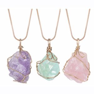 Long Chain Natural Raw Crystal Pendant Necklace Roungh Tumbled Rock Stone Healing Irregular Handmade Yoga Jewelry for Women
