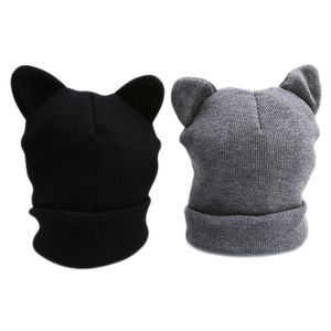 katzen lustige hüte großhandel-Mütze Schädelkappen Mode Katze Ohren Strickmütze Schöne lustige Winter Warme Beanie für Frauen Wollkappe Grau Schwarz