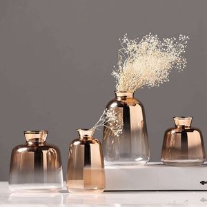 goldglasvase großhandel-Vasen Land Stil Gold Gradient Farbe Glas Vase Pflanze Blume Halter Behälter für Home Office Desktop Dekoration Handwerk