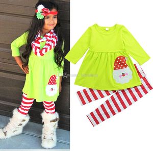 Wholesale baby children suits santa claus for sale - Group buy Baby Christmas Clothes Girls Autumn Suits Santa Claus Embroidery Long Sleeves Dress Top Stripe Pants Set Xmas Children Pajamas Clothing