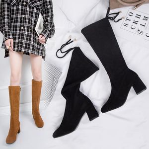Wholesale stylish shoes girl resale online - Boots Women s Knee High Sock Winter Suede High Boot Girls Stylish Sexy Heel Shoes Slip On Long Tube Square Toe