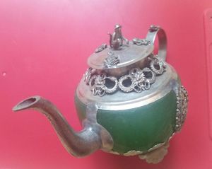 ingrosso teiera in argento tibetano-Oriental lavoro manuale giada verde Cloisonne blindata argento tibetano scimmia Teapot