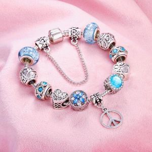 Charm Bracelets DIY Jewelry Women Bracelet Punk Peace Sign Pendant Blue Crystal Beads Snake Chain Bangles Femme Girl Gift