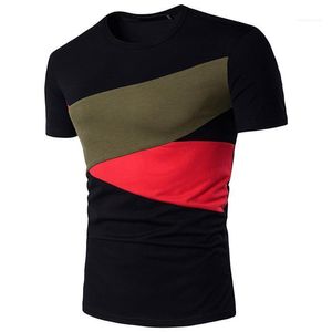 kontrastplatte tee großhandel-Tees Männer dünne beiläufige Kleidung der Männer Panelled Kontrast Farben T Shirt Sommer Designer Crew Neck Short Sleeve Striped