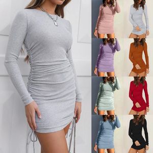 Women Casual Tight Dress Solid Color Side Drawstring Sexy Hip Fit Sheath Long Sleeve Dress Beach Party Mini Sundress Summer