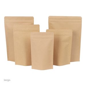 11 storlekar Brown Kraft Paper Stand up Väskor Värme förseglingsbable Resable Zip Pouch Innerfolie Matlagring Förpackningspåse med Tear Notch DBC BH4085