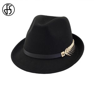 FS Ny ullfilt Kvinnor Män Fedora Hat för vårhöst Elegant Lady Trilby Jazz Mössor Panama Cap Black Curl Brim