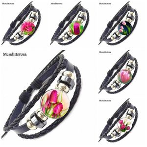 pulseira de tulipa. venda por atacado-Charme pulseiras Ej esmalte rosa tulipa para estudante maxi moda jóias com vidro cabochão preto pulseira pulseira pulseira