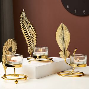 Żelazne świeczki uchwyty szklane party dekoracje ślubne świeca świeczniki złota metal roślina pozostawia candelabra stół centralny