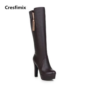 Stövlar Cresfimix Lady Casual High Quality PU Läder Heel Black Long Fritid Vit över knä Botas C2311