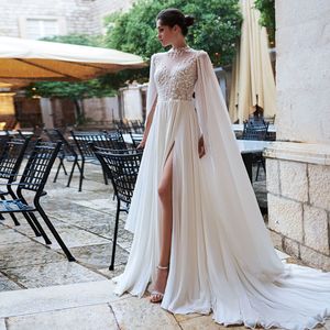 Beading Lace Flowers Chiffon Beach Wedding Dresses With Shawl Elegant Alibaba China Skirt Slit Open Back Sexy Bridal Gowns