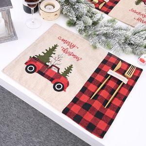 クリスマスツリーの赤いトラックプラセマットテーブルマット冬のバッファローチェック柄プラセマット食事家クリスマステーブル装飾W