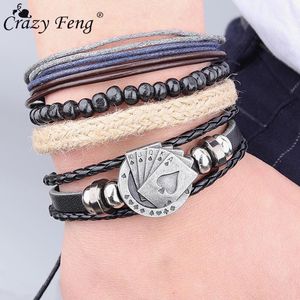 Bangle Crazy Feng Styles Vintage Men s Leather Bracelets Feather Playing Cards Charm Multilayer Braided Women Pulseira Masculina