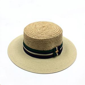 Geschikte rand hoeden vrouwen zomer stro hoed natuurlijke raffia schipper meisjes strand platte floppy met gestreepte band