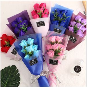 kağıt sabunları toptan satış-7 Kırmızı Gül Simülasyon Çiçek Sevgililer Günü Manuel Yapay Çiçekler Çok Renkli Sabun Küçük Buket Hediyeler Ambalaj Kağıt Halat JH L2