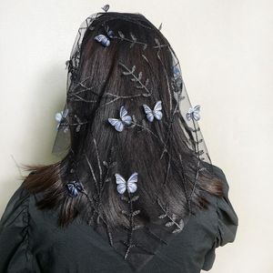Scarves Women Lace Head Scarf Shawl Broderi Butterfly Dragonfly Flower Feather Hijab Hair With Headband Catholic Mantilla Veil