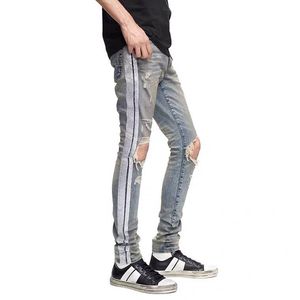 New Style Mens Designer Jeans Silver Stripe Zipper Autumn Jeans High Quality Casual Men Biker Denim Pants Blue Trousers IT Size