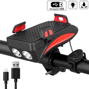 цикл передний свет с рогом оптовых-Велосипедные огни USB велосипед многофункциональный держатель рога PowerBank в велосипедная лампа переднего света для ночной езды