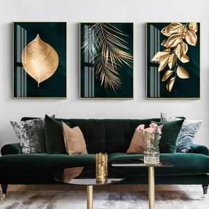 Paintings Modern Dark Green Background Golden Leaves Canvas Painting Wall Art Prints Poster Pictures For Living Room House Interior Decor1