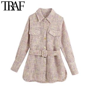 Wholesale trim female resale online - TRAF Women Fashion With Belt Frayed Trim Tweed Jacket Coat Vintage Long Sleeve Pockets Female Outerwear Chic Tops