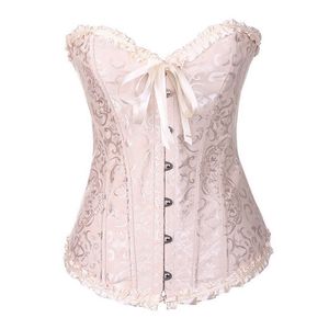 ingrosso corset del nastro.-Frill Jacquard Broccato Broccato Corsetto Commercio all ingrosso Plus Size Lace Up Donne Ribbon Floral Ricamo Overbust Sexy Dance Bridal Corse Busties