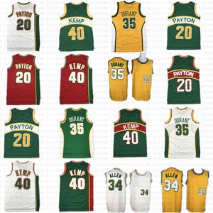 Gestikte vintage Kevin Durant Gary Payton Basketbal Jerseys Shawn Kemp Ray Allen Shorts Groen Geel Rood Retro Jersey Shirt