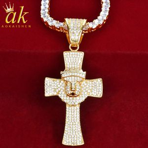 Lion Head Crown Cross Pendant Guldfärg Koppar Zircon Rock Necklace Hip Hop Smycken med Tennis Chain
