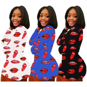 Wholesale long sleeve rompers shorts womens for sale - Group buy Women Jumpsuit Lips Printing Long Sleeve Rompers Shorts Valentines Day Onesies Sexy Deep V Neck Skinny One Piece Pants Bodysuit H12106