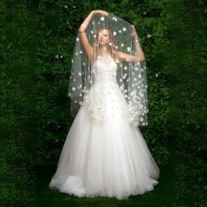 Bridal Veils Handmade Pearl Flowers Cover Front And Back Drop Style Cathedral Wedding Veil With Blusher Applique