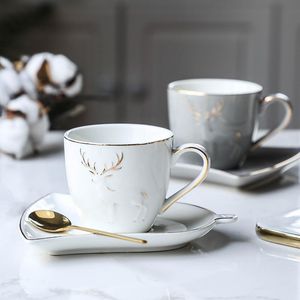Nordic Elk Golden Edge Coffee Mug With Leaf Shape Tray Teaspoon Set Cafe Household Tumbler Cappuccino Espresso Cup Holder