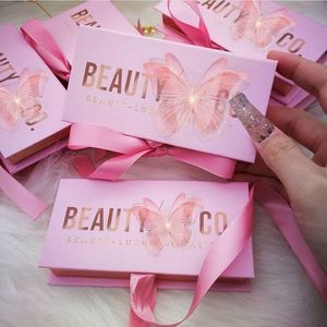 pink privados al por mayor-Fábrica de fábrica de pestañas hecha a mano reutilizable Venta de diseñadores de lujo Caja de cinta rosa con logo del cliente y etiqueta privada