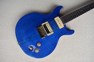 guitarra con incrustaciones azules al por mayor-La guitarra eléctrica azul personalizada de la fábrica con el hardware de oro la recogida de P90 la incrustación de los aves de abalón la chapa de arce de la llama se puede personalizar