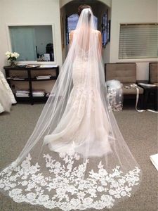 Wholesale embroidered edge veil resale online - Cheap Luxurious Bridal Veils Meters with Lace Appliques Real Image Wedding Accessories Ivory White Veils for Bride Cathedral Cpa219