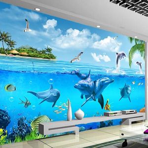 underwater murals toptan satış-Duvar Kağıtları Mavi Büyük Deniz Yunus Sualtı Dünyası D Duvar Boyama Çocuk Odası Oturma Yatak Odası Dekorasyon Su Geçirmez Mural Duvar Kağıdı1