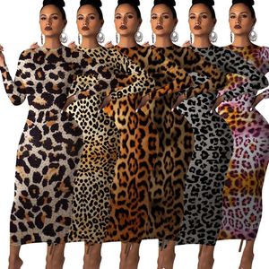 Casual Dresses Höst Kvinnor Leopard Print Långärmad O Neck Bodycon Midi Maxi Klänning Kvinna Klubb Natt Party Vestidos GL241