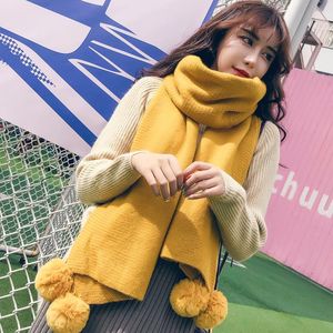 Wholesale poncho winter wraps resale online - Scarves Winter Women Solid Knitted Scarf Cashmere Poncho With Ball Shawls And Wraps Bandana Female Foulard
