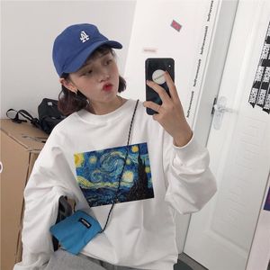 vogue hoodie toptan satış-Komik Kadınlar Hoodie Kazak Harajuku Vogue gündelik Kadın Giyim Van Gogh Yağlı Baskı Yuvarlak Yaka Artı Uzun Kollu Sweashirt Tops