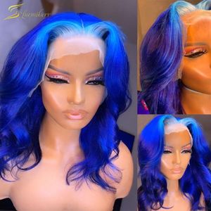 cheio de laço cabelo humano ombre azul venda por atacado-13 Lace Front Humano Humano Wigs HD onda corporal transparente Ombre azul loira pré arrancada Frontal para mulheres negras
