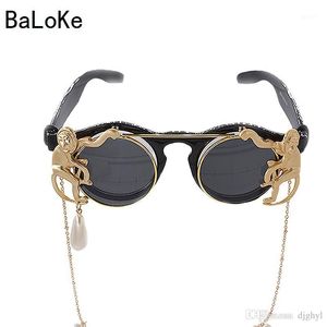 Okulary przeciwsłoneczne Moda Retro Okrągły Małpy Metalowe Łańcuchy Dekoracja Barok Kobiety Designer Clamshell Cool Eyewear Jewelry1