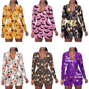 Wholesale romper shorts for women for sale - Group buy Women Jumpsuit Romper Halloween Printing Long Sleeves Shorts Home Jumpsuits Cartoon Bat Ghost Pumpkin Siamese Trousers Colors D102302