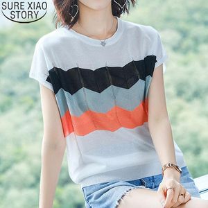 kadınlar yazlık örgü giyim eşyaları toptan satış-Kadın Bluzlar Gömlek Yaz Ince Örme Kadın Buz İpek Tops Moda Kore Kısa Kollu Şeker Renk Çizgili Bluz Giysileri