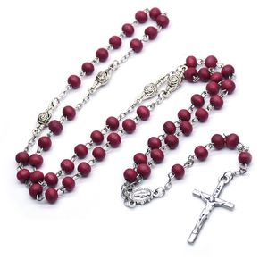 Wholesale red beads for necklace resale online - Wine Red Wood Beads Cross Rosary Necklace Catholic Long Strand Necklace Religious Jewelry