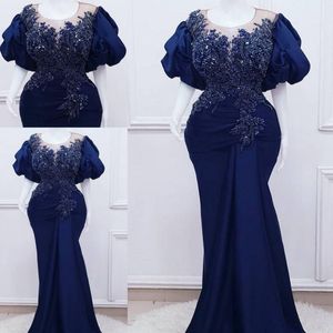 Formalna Nigeria Navy Blue Mermaid Suknie Wieczorowe Koronki Aplikacja Frezowanie Plus Size Prom Party Dress Druga recepcja Urodziny Suknie zaręczynowe
