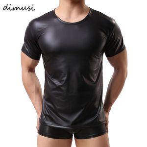 erkekler eşcinsel kıyafetleri toptan satış-PU Deri T Shirt Erkekler Seksi Spor Gay T Shirt Tops Tees Erkek Sahne O Boyun Rahat Giysileri KG