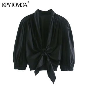 Wholesale trim female for sale - Group buy KPYTOMOA Women Fashion With Elastic Trim Ruffled Cropped Blouses Vintage Puff Sleeve Bow Tied Female Shirts Blusa Chic Tops