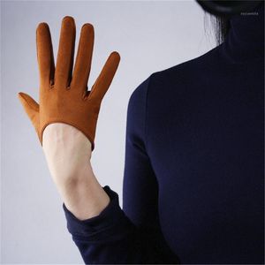 Fem fingrar handskar suede ultra kort cm karamell brun kamel matt slipad fluffig läder simulering kvinnlig jpz131