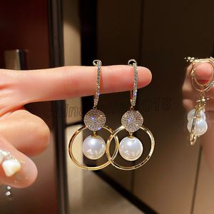 weiße perlenohrringe hängen großhandel-Elegante koreanische übergroße weiße Perle Drop Ohrringe für Frauen Große Runde Strass Kristall Lange Baumeln Hängende Ohrringe Schmuck