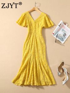 Runway Designer Butterfly Sleeve Yellow Trumpet Lace Party Dress for Summer Women Fashion Clothes Female Sexy Cocktail Vestidos Lady Elegant