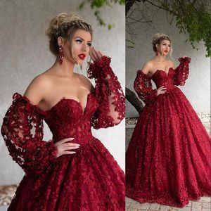 Burgundy Elegent Quinceanera Dresses Ball Gown Sweetheart Full Lace D Floral Flowers Long Sleeves Plus Size Formal Party Prom Evening Gowns