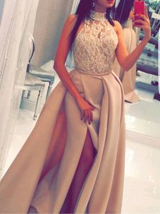 Charming High Neck Prom Gowns Lace Appliques Beads Tops Stretch Fabric Long Evening Dress with Detachable Train Custom Made